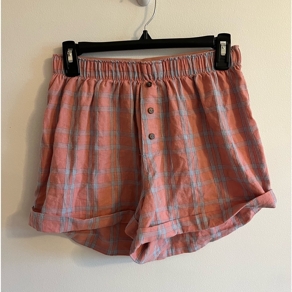 Free People Pink Plaid Lightweight Button-Front Shorts